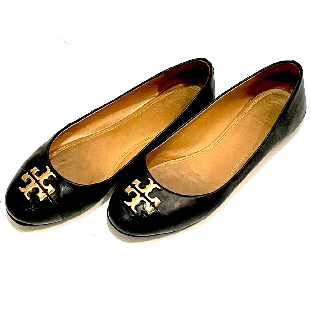 TORY BURCH Everly Cap Toe Ballet Flats 8 Leather Black - Picture 3 of 10